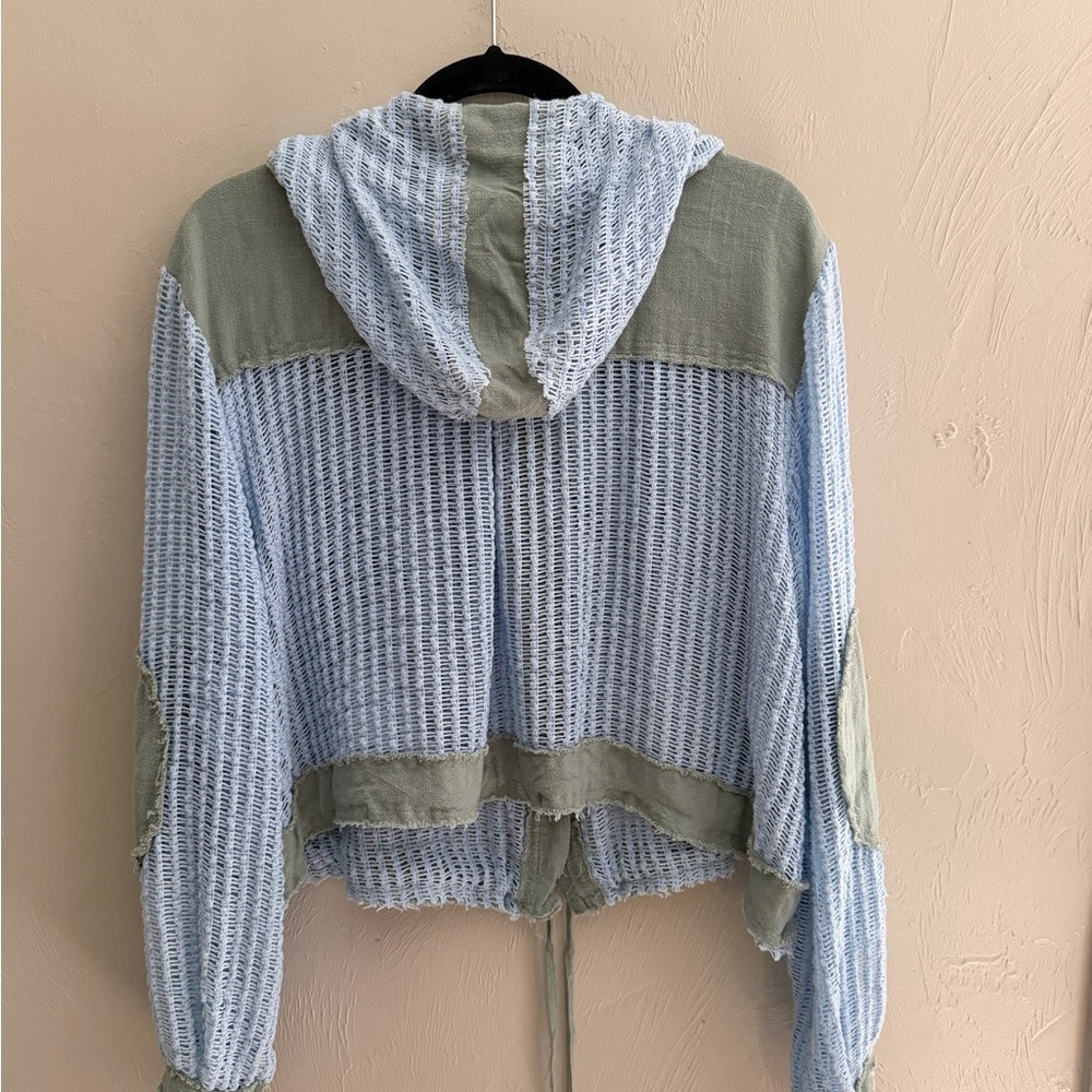 POL Light Blue & Sage Hooded Open-Knit Utility Jacket - Picture 2 of 4